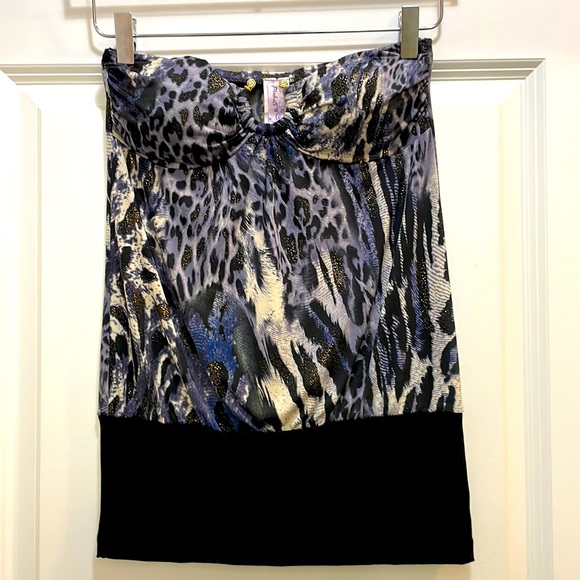 Tops - Navy Creme Black & Gold Strapless Leopard Top